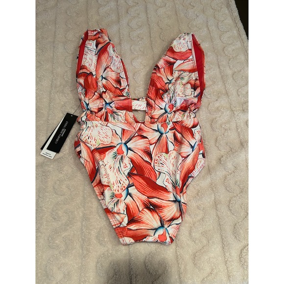 CARMEN MARC VALVO Printed Plunge-Neck Ruched One-Piece Swimsuit NWT 6 - Picture 6 of 7